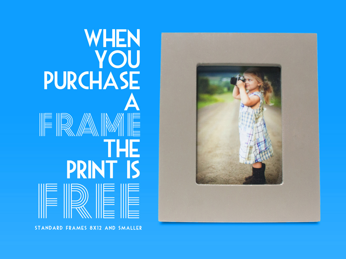 **FREE PRINT when you purchase a frame for photo sizes 8x12, 8x10, 5x7, and 4x6. Stop by to day and select from our hand-crafted frames, finished by local artisans. **Remember, you can request custom finishes to any frame!