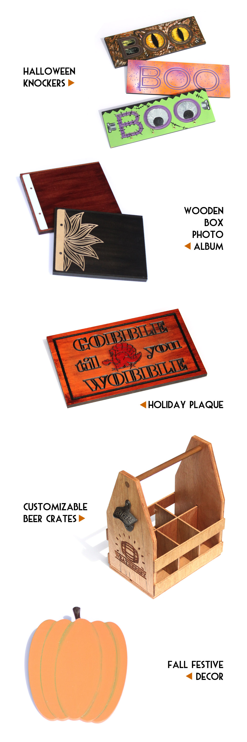 New Halloween Door Knocers, Wooden Photo Album, Holiday Plaques, Customizable Beer Crate, Holiday Decor All Available Now!